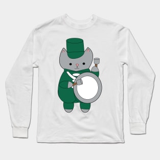 Cat Marching Band Bass Drummer Green and White Long Sleeve T-Shirt